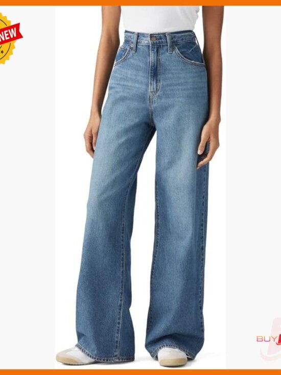 Denim - High Rise Baggy Jeans with Cinch Back Adjusters, Straight Leg Fit